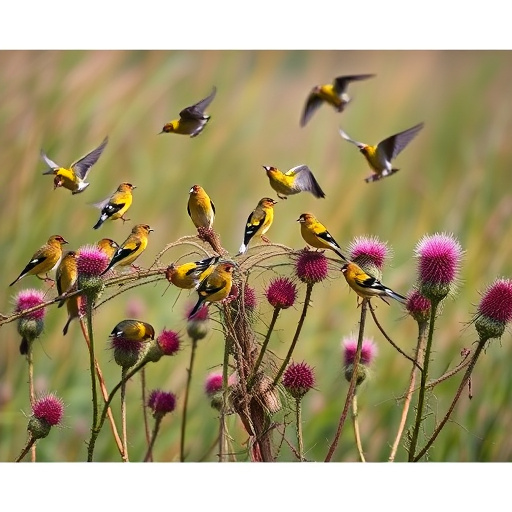 Goldfinch flock among thistle plants