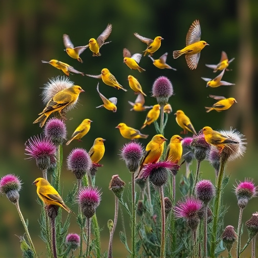 Goldfinch flock among thistle plants