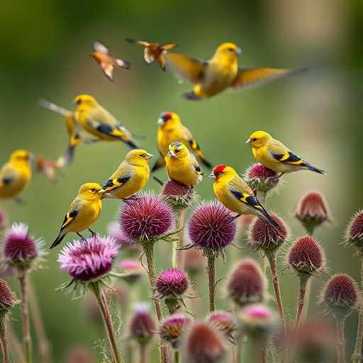 Goldfinch flock among thistle plants