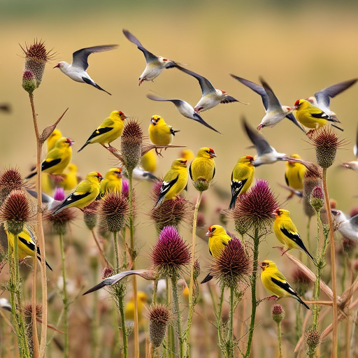 Goldfinch flock among thistle plants