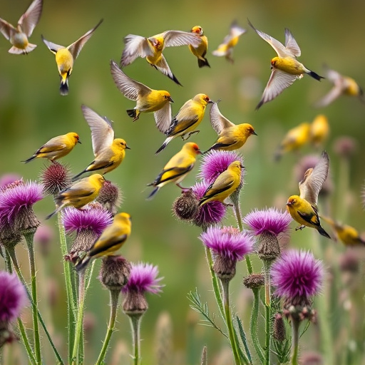 Goldfinch flock among thistle plants