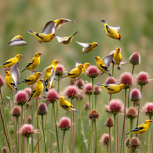 Goldfinch flock among thistle plants