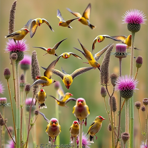Goldfinch flock among thistle plants