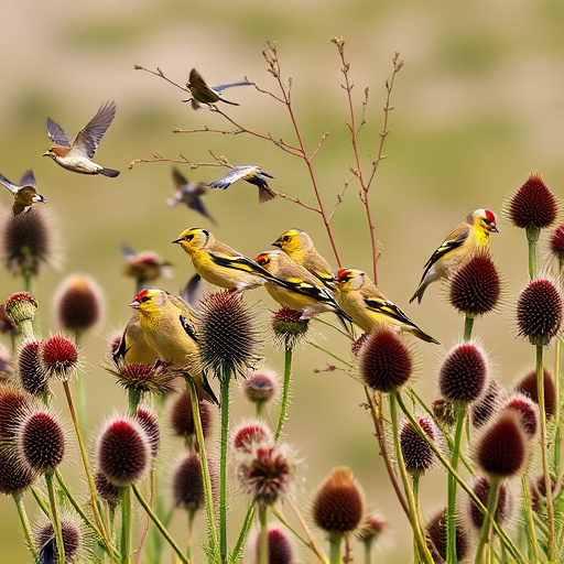 Goldfinch flock among thistle plants