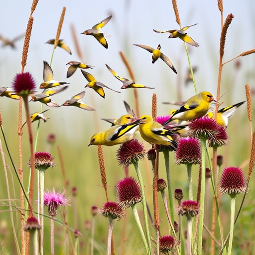 Goldfinch flock among thistle plants
