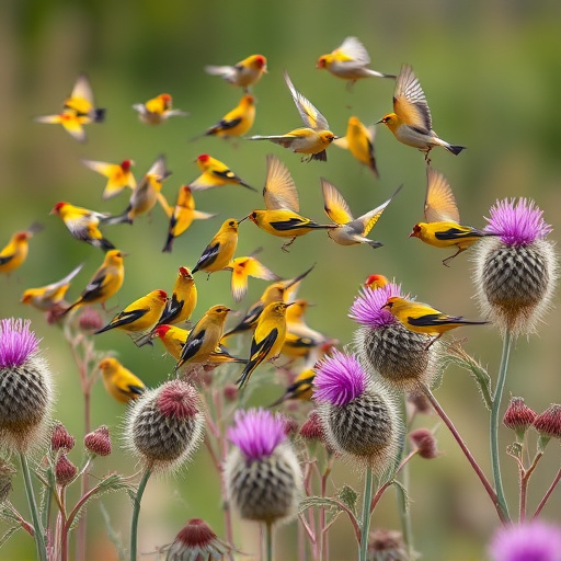 Goldfinch flock among thistle plants