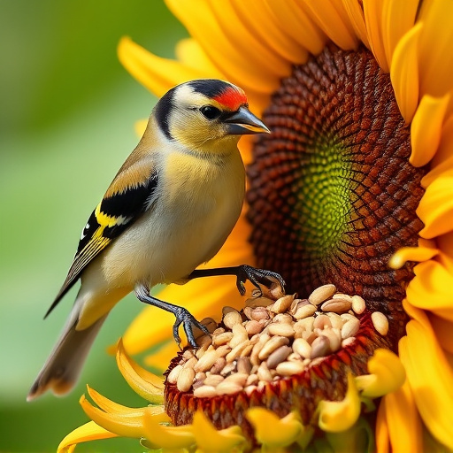 Goldfinch perched eating sunflower seeds