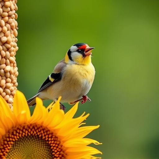 Goldfinch perched eating sunflower seeds