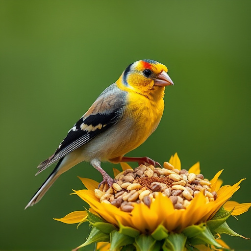 Goldfinch perched eating sunflower seeds