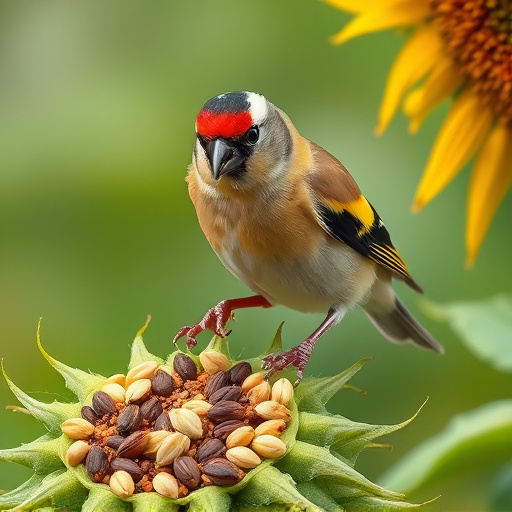 Goldfinch perched eating sunflower seeds