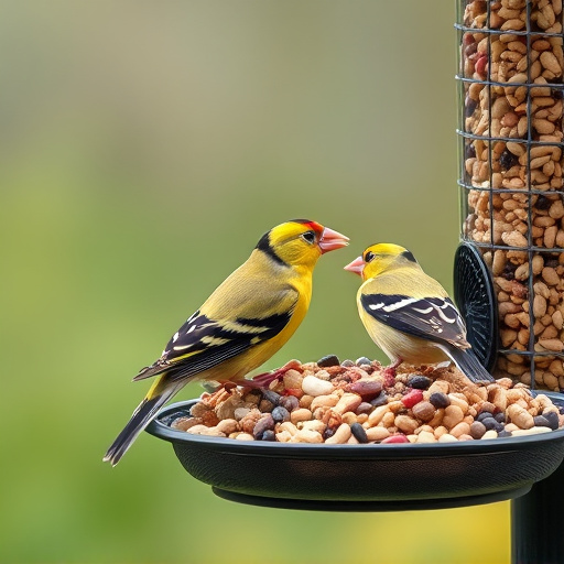 Goldfinches feeding on niger seed feeder