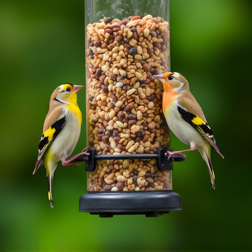 Goldfinches feeding on niger seed feeder