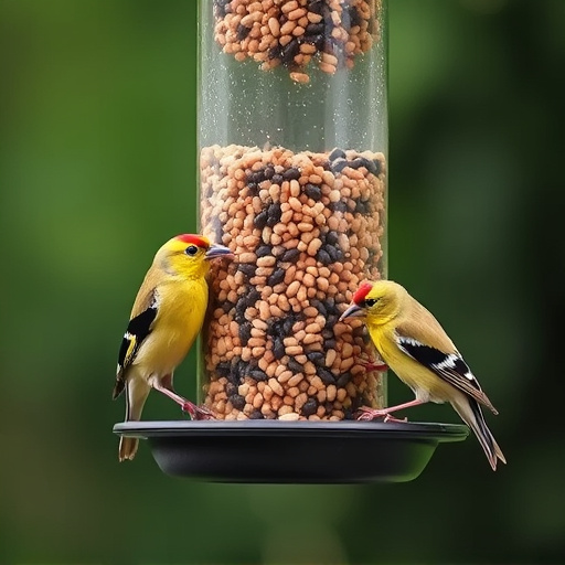 Goldfinches feeding on niger seed feeder