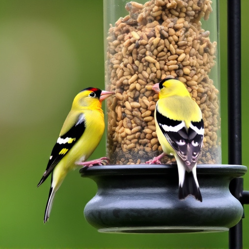 Goldfinches feeding on niger seed feeder