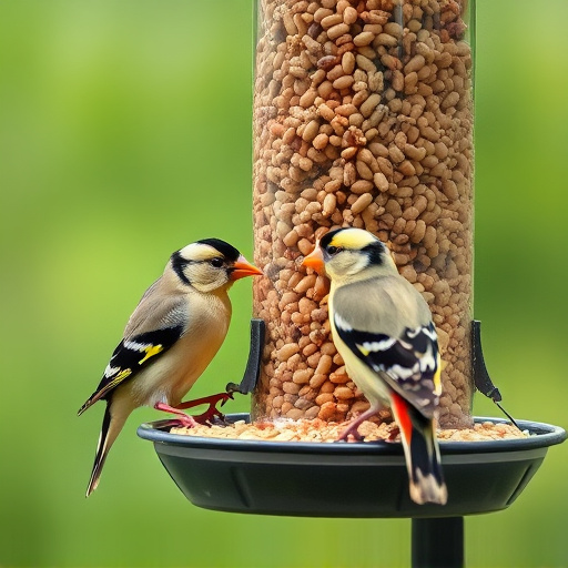 Goldfinches feeding on niger seed feeder