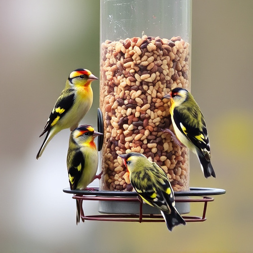 Goldfinches feeding on niger seed feeder