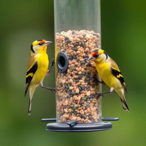 Goldfinches feeding on niger seed feeder