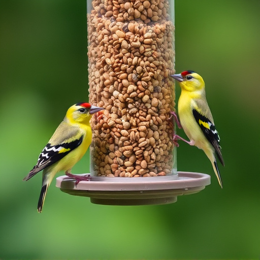 Goldfinches feeding on niger seed feeder