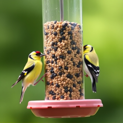 Goldfinches feeding on niger seed feeder