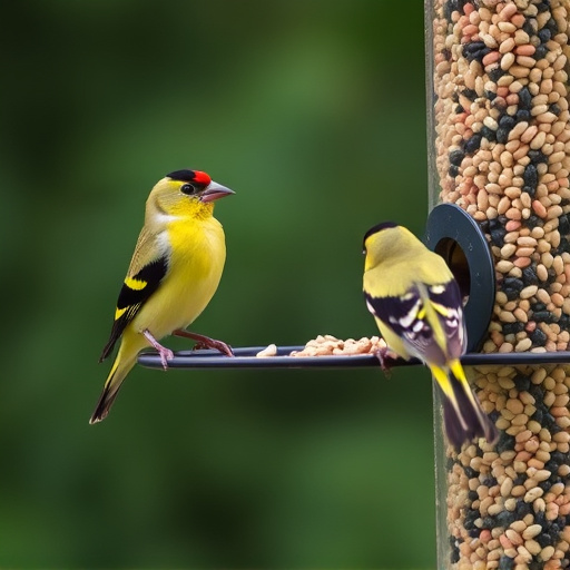 Goldfinches feeding on niger seed feeder