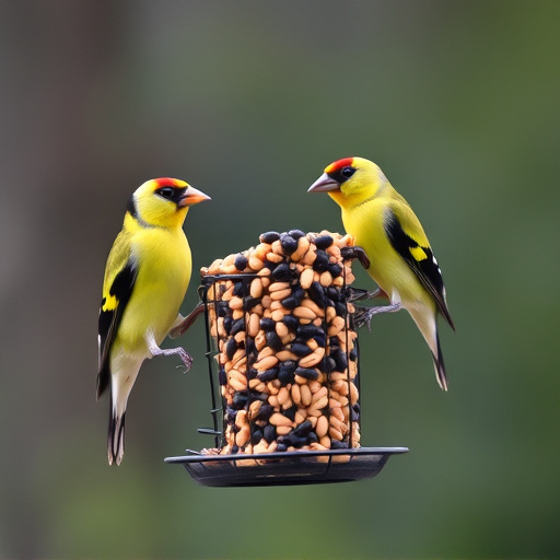 Goldfinches feeding on niger seed feeder