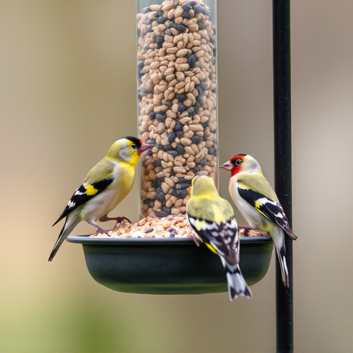 Goldfinches feeding on niger seed feeder