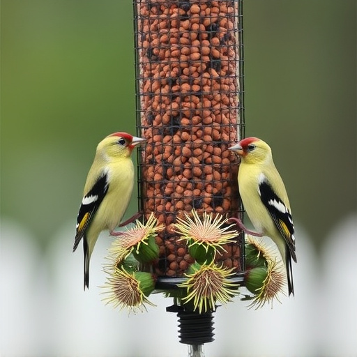 Goldfinches on thistle seed feeder