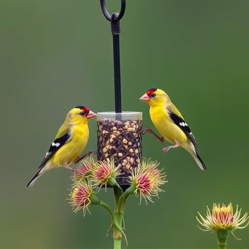 Goldfinches on thistle seed feeder
