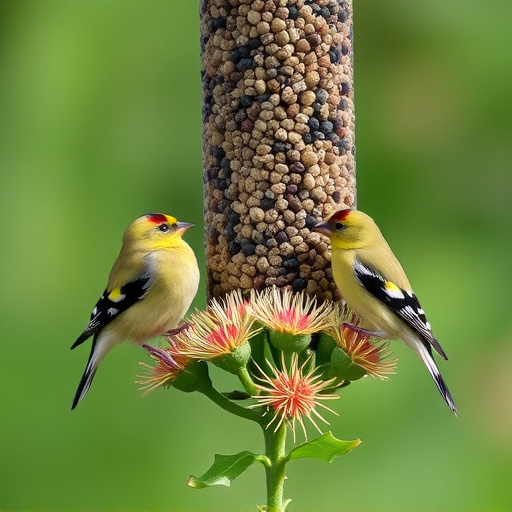 Goldfinches on thistle seed feeder