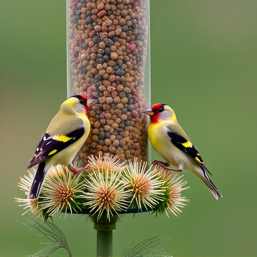 Goldfinches on thistle seed feeder
