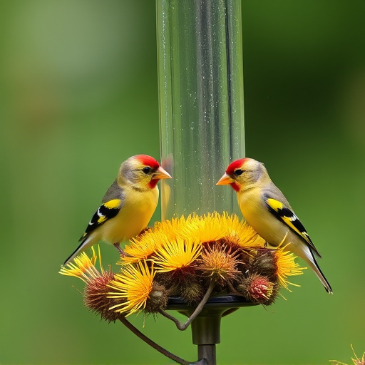 Goldfinches on thistle seed feeder