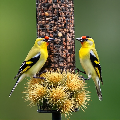 Goldfinches on thistle seed feeder