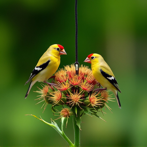 Goldfinches on thistle seed feeder