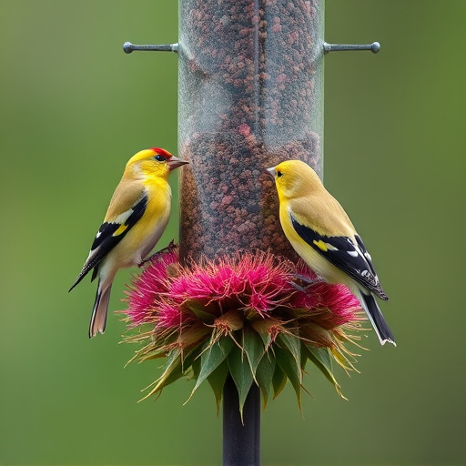 Goldfinches on thistle seed feeder