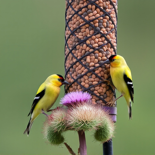Goldfinches on thistle seed feeder