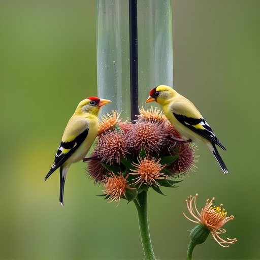 Goldfinches on thistle seed feeder