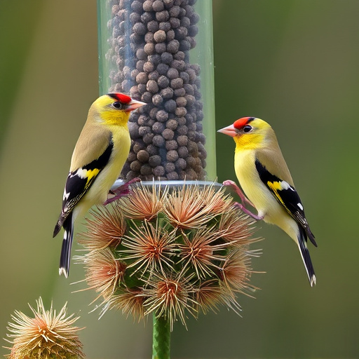 Goldfinches on thistle seed feeder