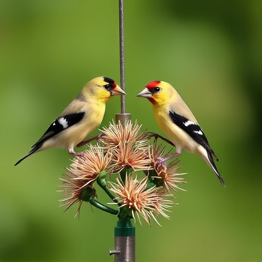 Goldfinches on thistle seed feeder