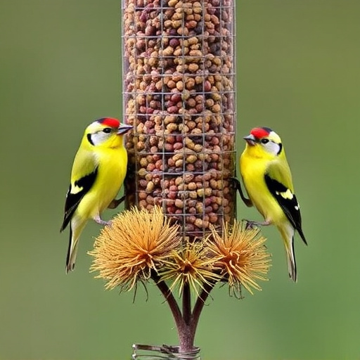 Goldfinches on thistle seed feeder