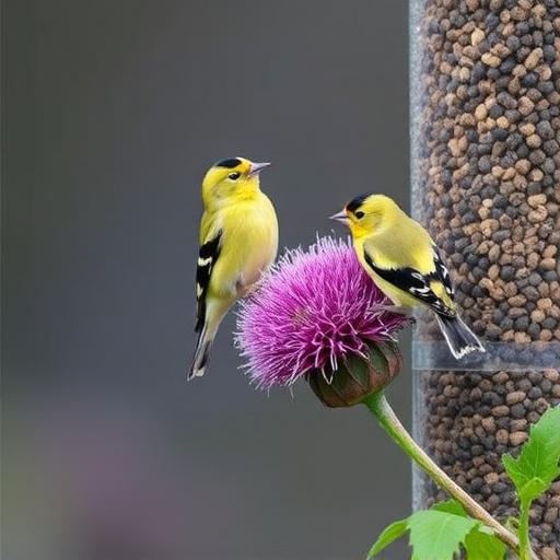 Goldfinches on thistle seed feeder