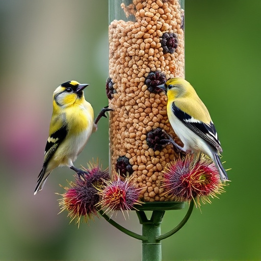 Goldfinches on thistle seed feeder
