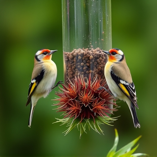 Goldfinches on thistle seed feeder