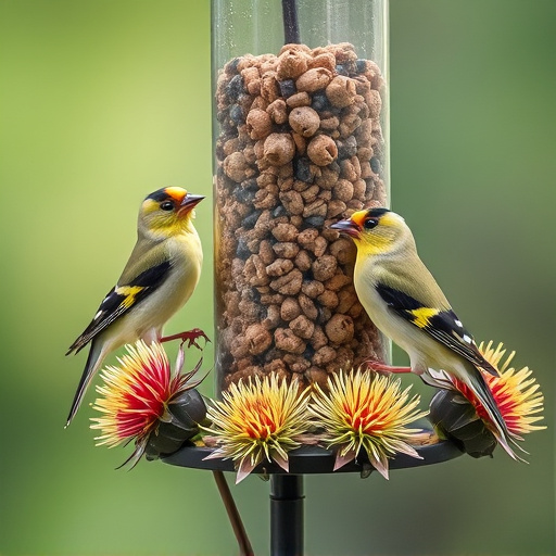 Goldfinches on thistle seed feeder