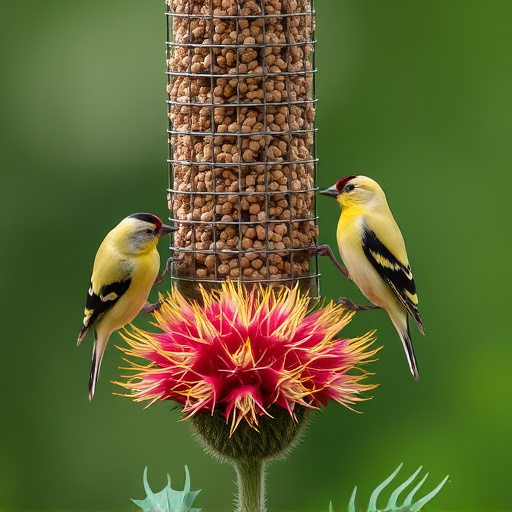 Goldfinches on thistle seed feeder