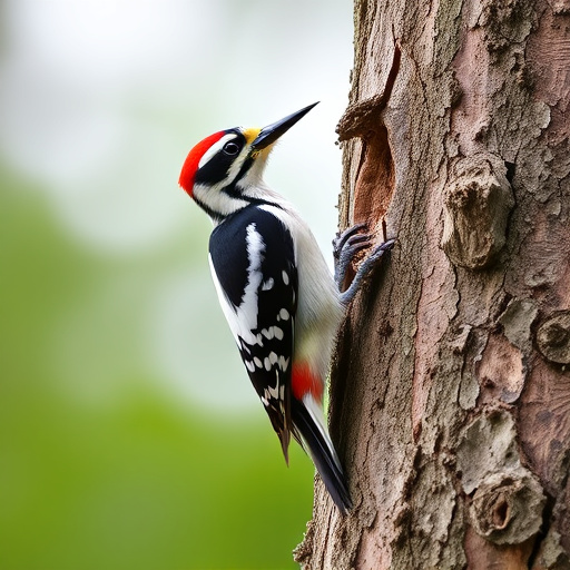 Great spotted woodpecker on tree trunk