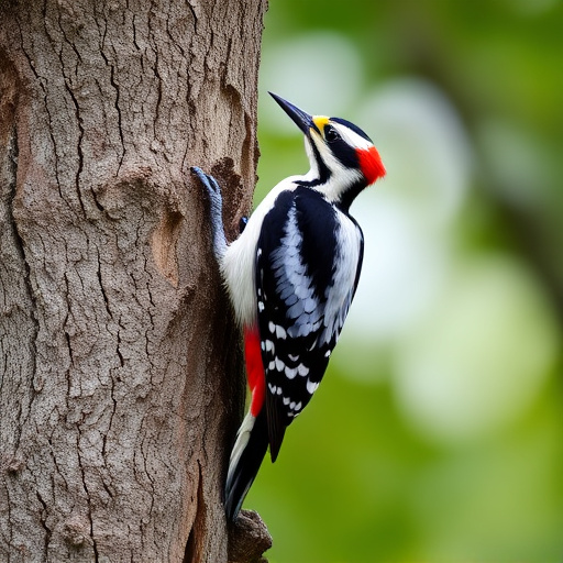 Great spotted woodpecker on tree trunk