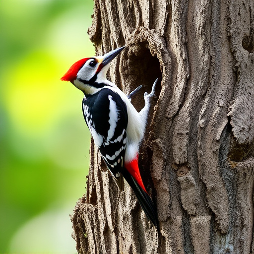 Great spotted woodpecker on tree trunk
