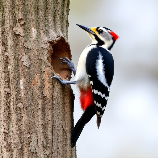 Great spotted woodpecker on tree trunk