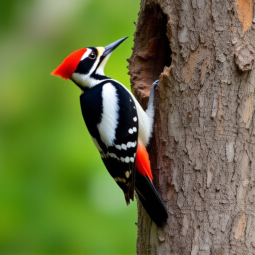 Great spotted woodpecker on tree trunk