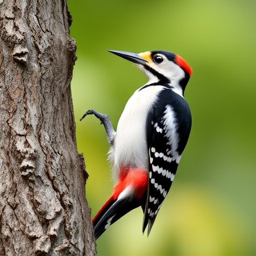 Great spotted woodpecker on tree trunk